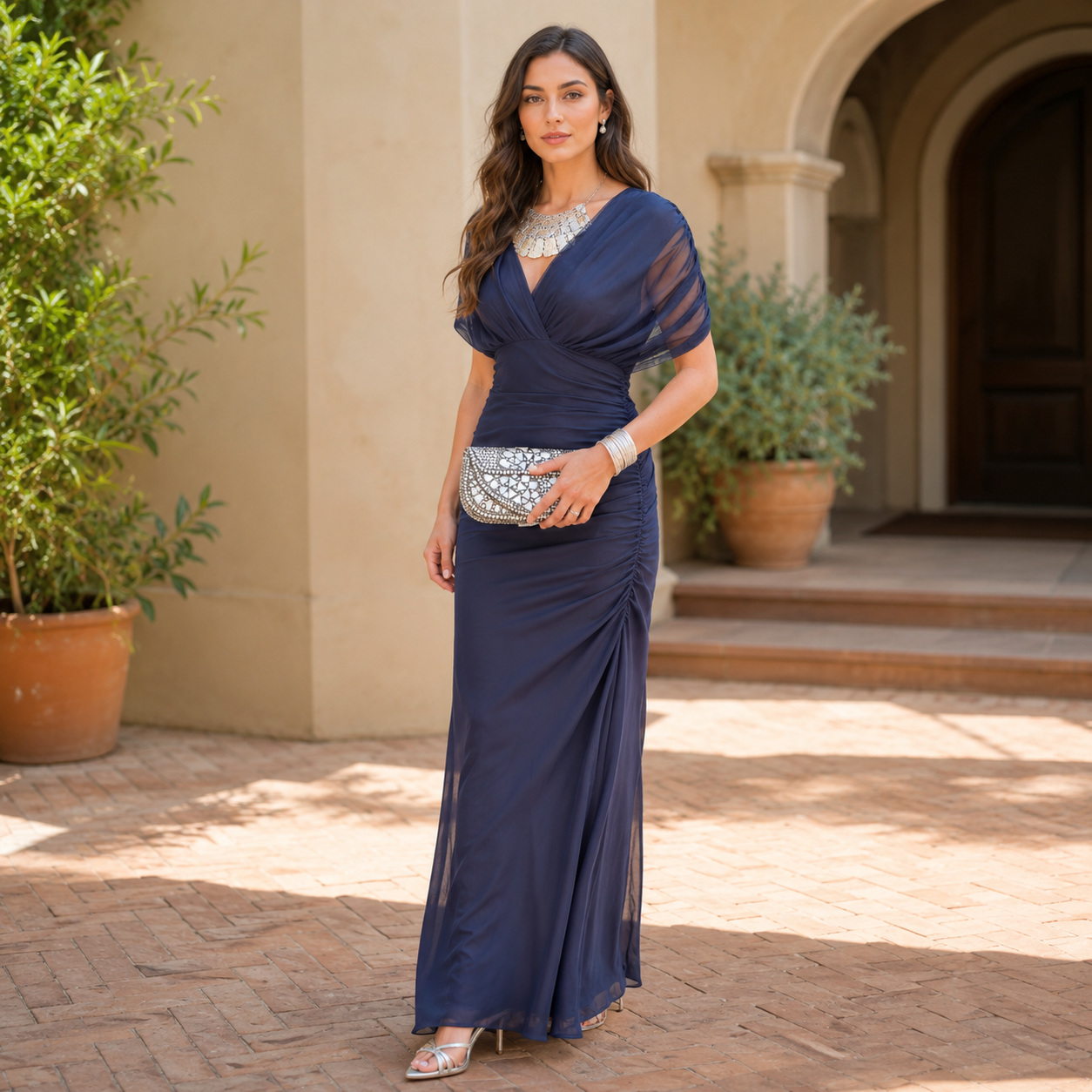 Women's Floral Print Maxi Dress – Pleated Waist V-Neck Full Length