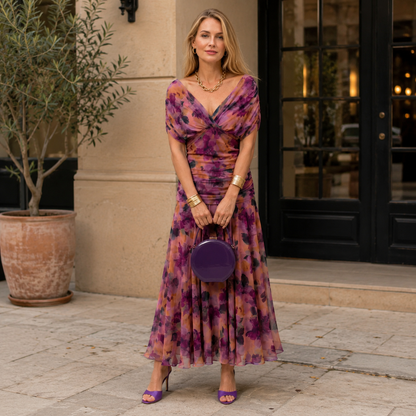 Women's Floral Print Maxi Dress – Pleated Waist V-Neck Full Length