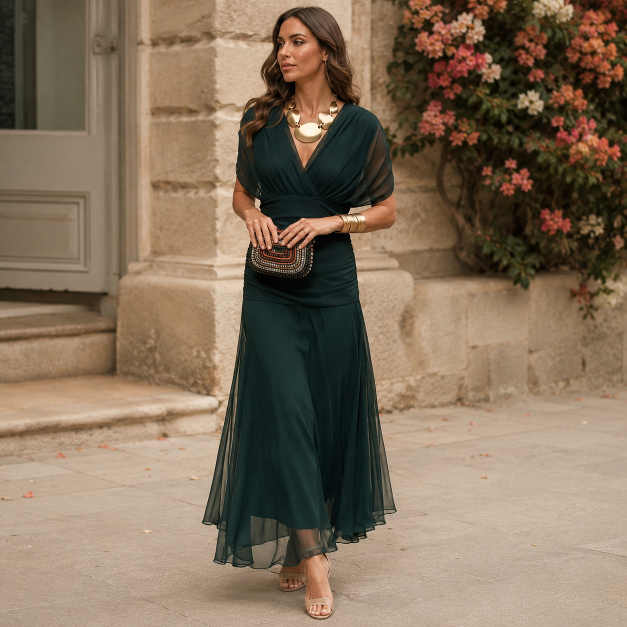 Women's Floral Print Maxi Dress – Pleated Waist V-Neck Full Length