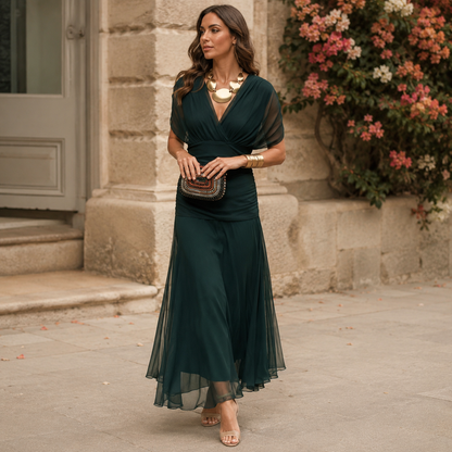 Women's Floral Print Maxi Dress – Pleated Waist V-Neck Full Length