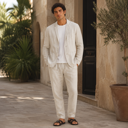 Men's Linen Suit – Notch Lapel Blazer with Drawstring Trousers