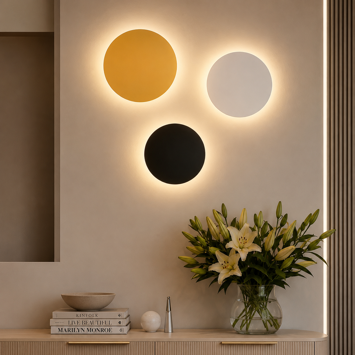 Round LED Wall Light Metal 13/20/30 cm | Gold, Black or White | Warm White Ambient Wall-Mounted Lighting for Living Room 1