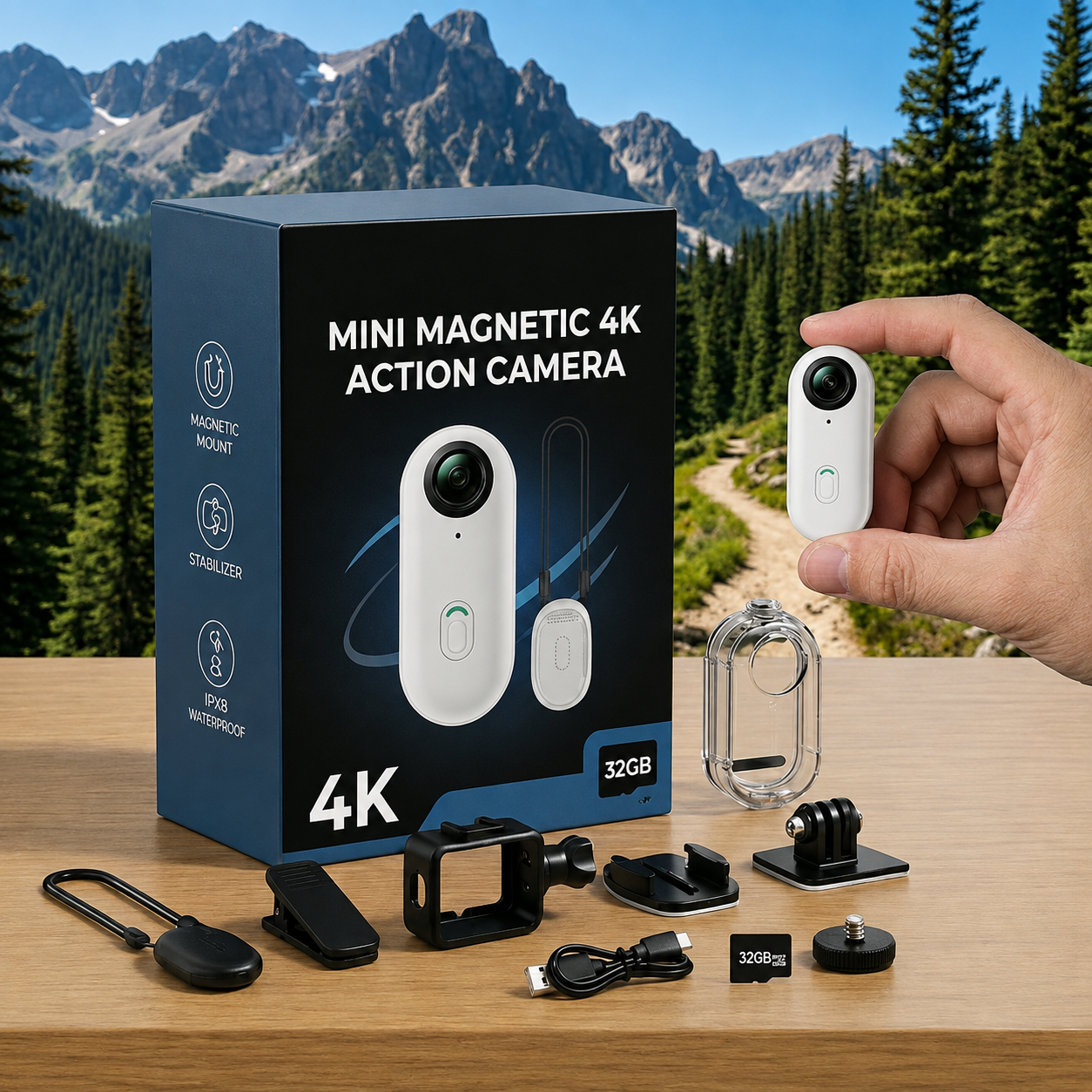 Mini 4K Action Camera | Magnetic Mount, Clip Kit