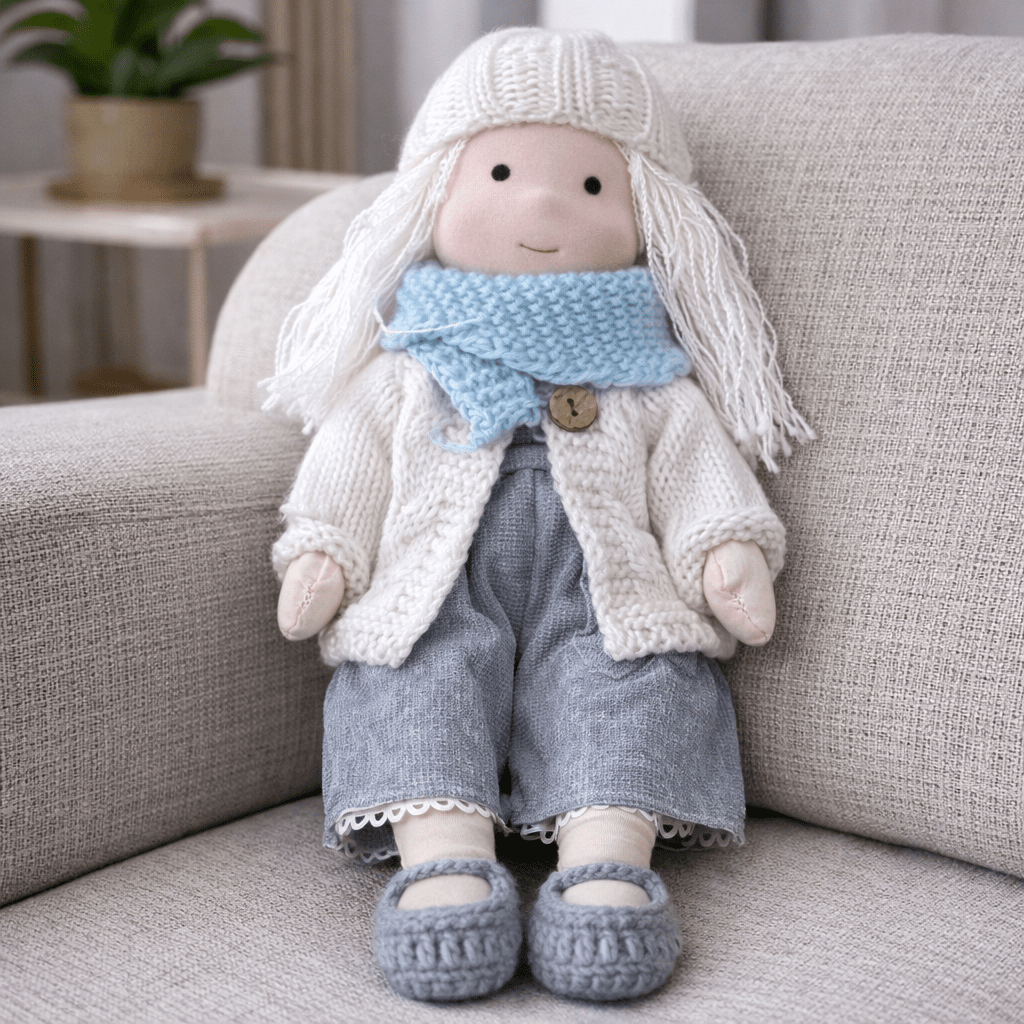 Handmade Waldorf Doll, Cotton & Plush, 28 cm | Minimalist Face for Imaginative Play | Sturdy Plastic Head, Cuddly Body 3