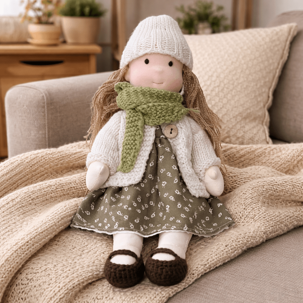 Handmade Waldorf Doll, Cotton & Plush, 28 cm | Minimalist Face for Imaginative Play | Sturdy Plastic Head, Cuddly Body 6