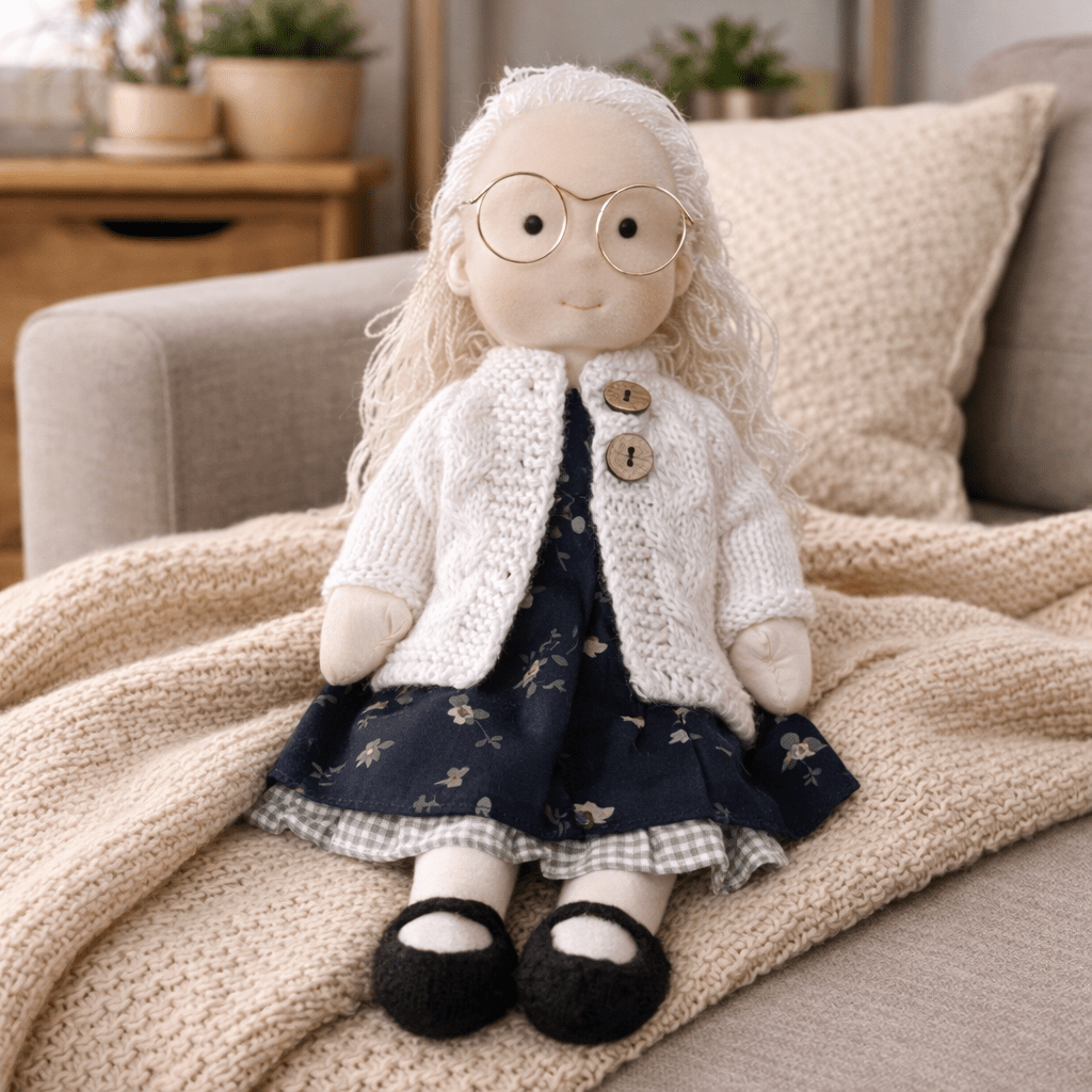 Handmade Waldorf Doll, Cotton & Plush, 28 cm | Minimalist Face for Imaginative Play | Sturdy Plastic Head, Cuddly Body 7