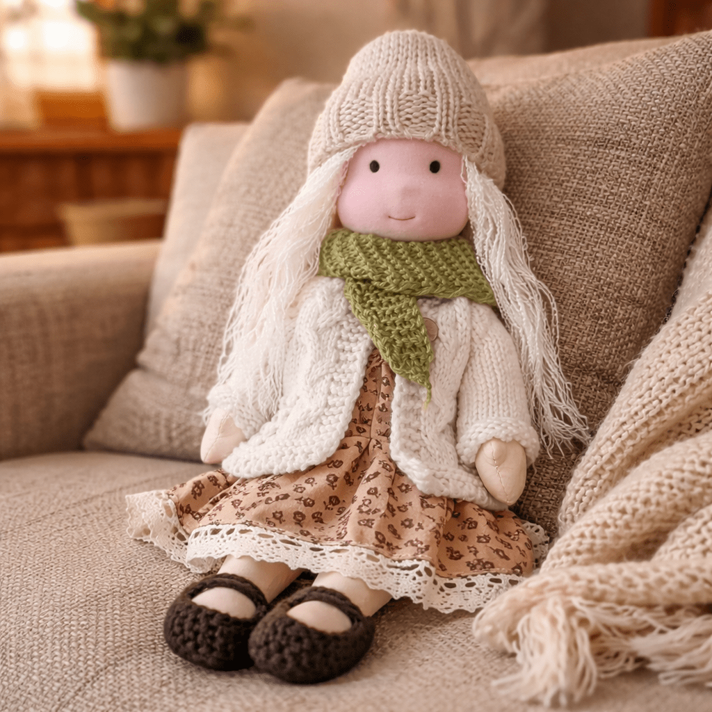 Handmade Waldorf Doll, Cotton & Plush, 28 cm | Minimalist Face for Imaginative Play | Sturdy Plastic Head, Cuddly Body 8