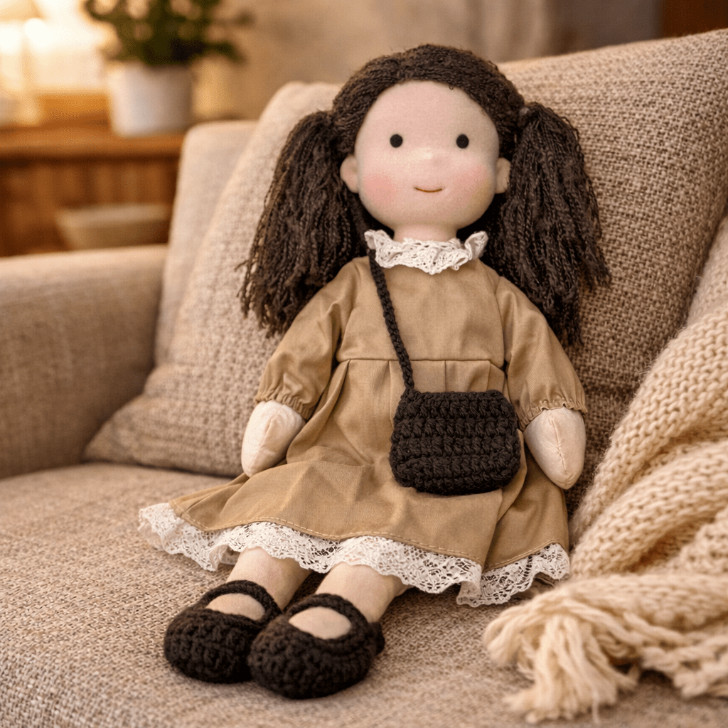 Handmade Waldorf Doll, Cotton & Plush, 28 cm | Minimalist Face for Imaginative Play | Sturdy Plastic Head, Cuddly Body 9