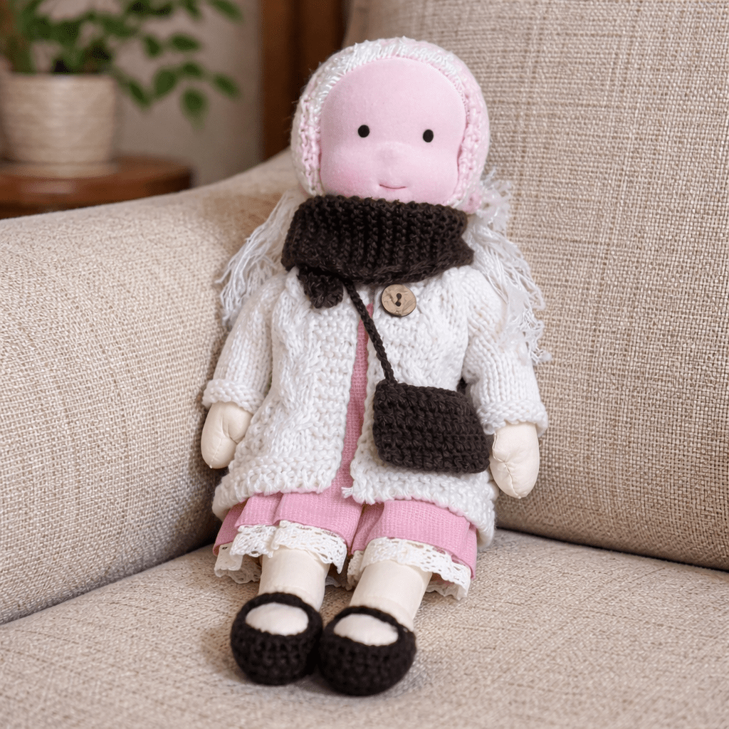 Handmade Waldorf Doll, Cotton & Plush, 28 cm | Minimalist Face for Imaginative Play | Sturdy Plastic Head, Cuddly Body 10