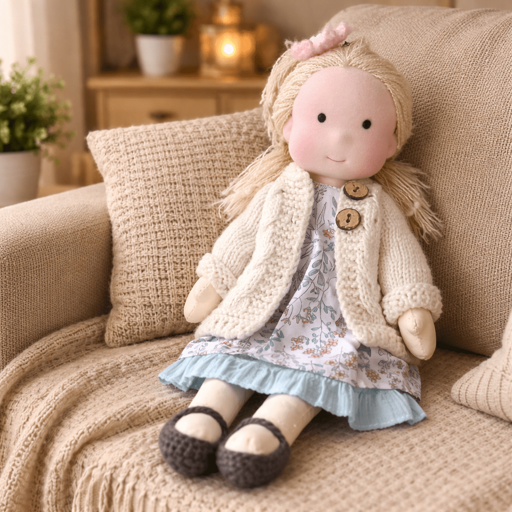 Handmade Waldorf Doll, Cotton & Plush, 28 cm | Minimalist Face for Imaginative Play | Sturdy Plastic Head, Cuddly Body 17