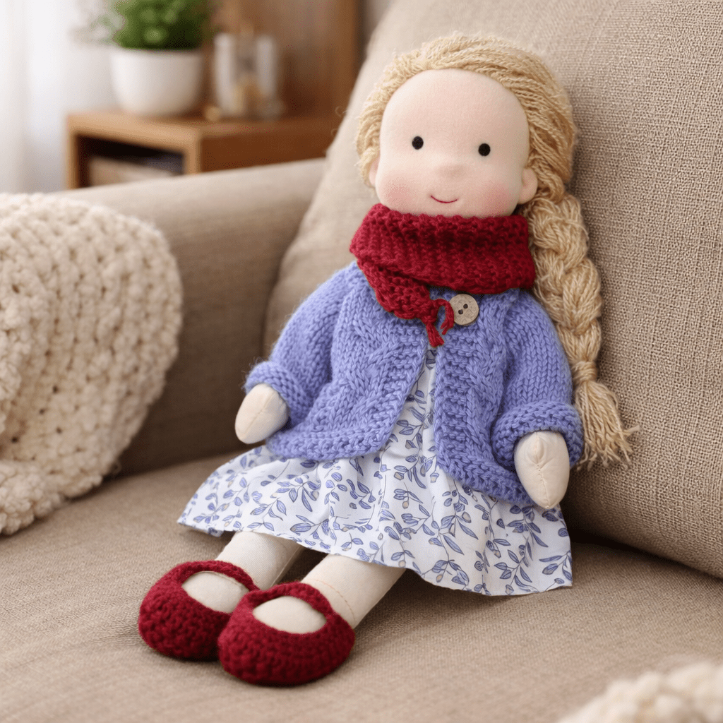 Handmade Waldorf Doll, Cotton & Plush, 28 cm | Minimalist Face for Imaginative Play | Sturdy Plastic Head, Cuddly Body 19