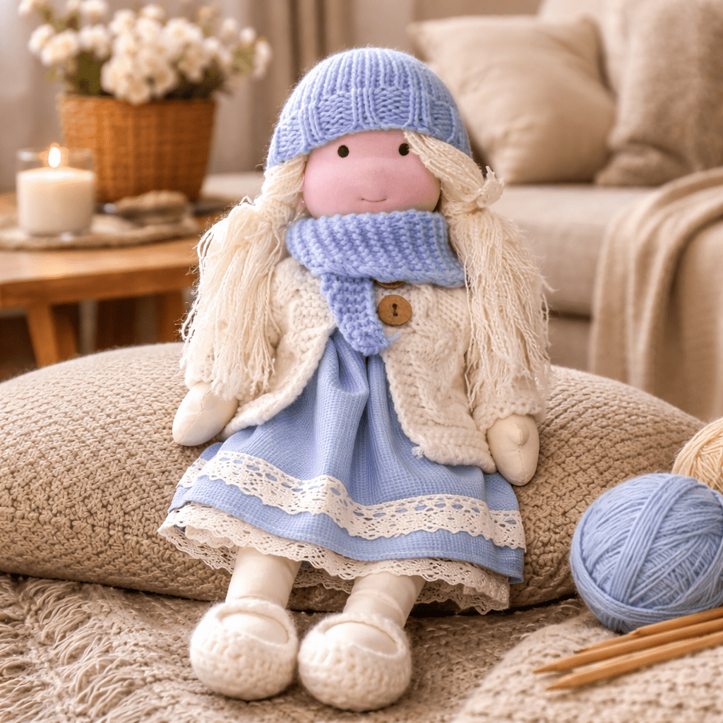 Handmade Waldorf Doll, Cotton & Plush, 28 cm | Minimalist Face for Imaginative Play | Sturdy Plastic Head, Cuddly Body 20