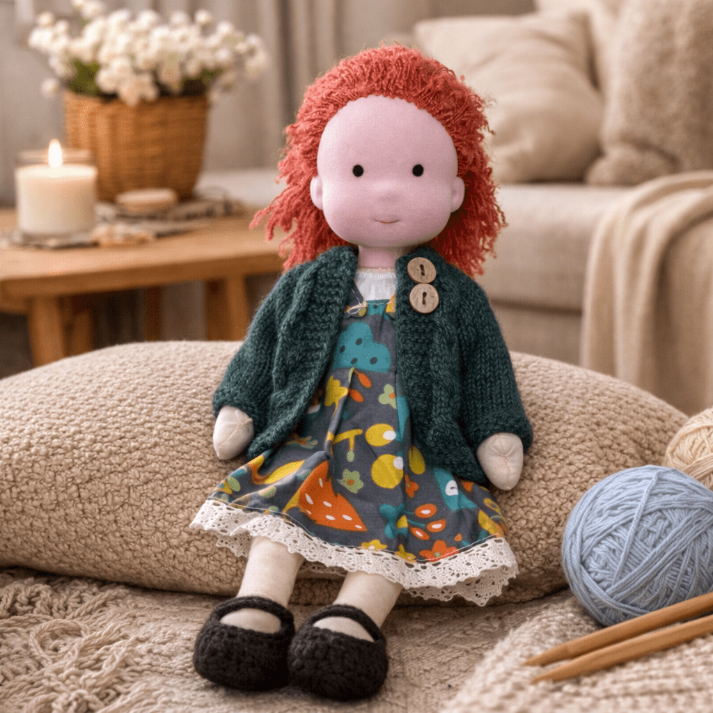 Handmade Waldorf Doll, Cotton & Plush, 28 cm | Minimalist Face for Imaginative Play | Sturdy Plastic Head, Cuddly Body 21