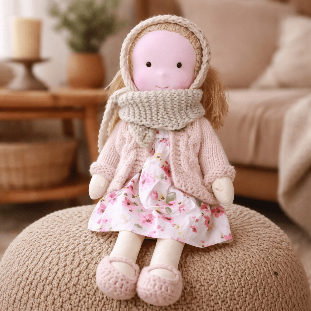 Handmade Waldorf Doll, Cotton & Plush, 28 cm | Minimalist Face for Imaginative Play | Sturdy Plastic Head, Cuddly Body 22