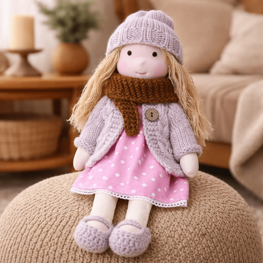 Handmade Waldorf Doll, Cotton & Plush, 28 cm | Minimalist Face for Imaginative Play | Sturdy Plastic Head, Cuddly Body 23