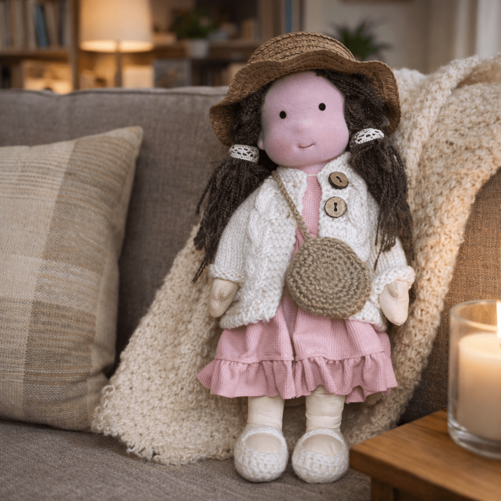 Handmade Waldorf Doll, Cotton & Plush, 28 cm | Minimalist Face for Imaginative Play | Sturdy Plastic Head, Cuddly Body 27
