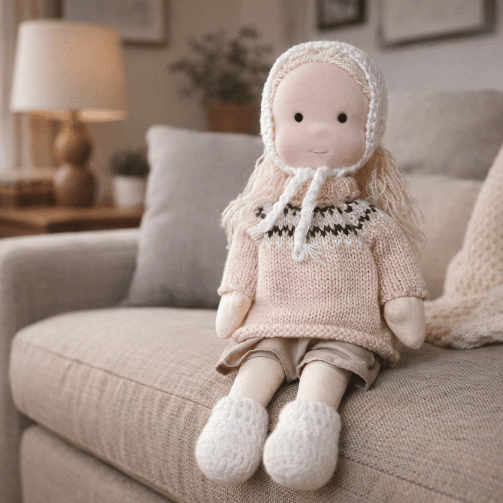 Handmade Waldorf Doll, Cotton & Plush, 28 cm | Minimalist Face for Imaginative Play | Sturdy Plastic Head, Cuddly Body 32