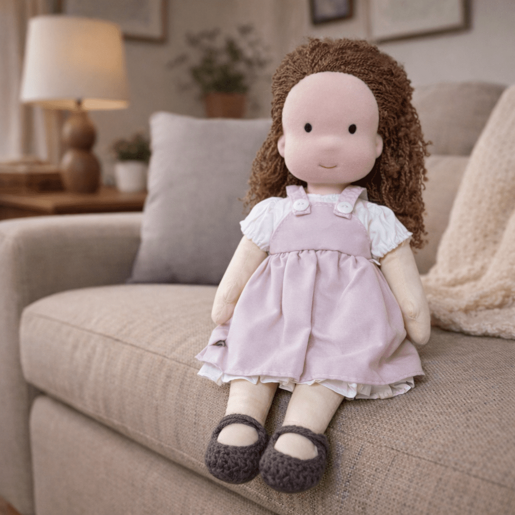 Handmade Waldorf Doll, Cotton & Plush, 28 cm | Minimalist Face for Imaginative Play | Sturdy Plastic Head, Cuddly Body 33
