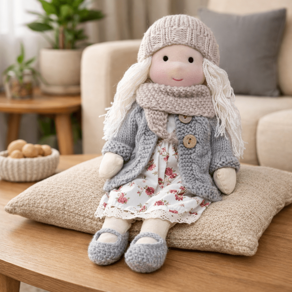 Handmade Waldorf Doll, Cotton & Plush, 28 cm | Minimalist Face for Imaginative Play | Sturdy Plastic Head, Cuddly Body 35