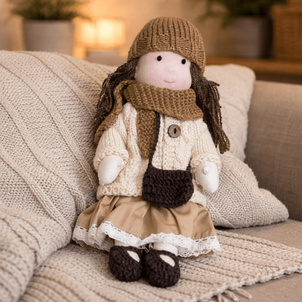 Handmade Waldorf Doll, Cotton & Plush, 28 cm | Minimalist Face for Imaginative Play | Sturdy Plastic Head, Cuddly Body 36