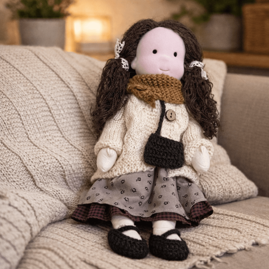 Handmade Waldorf Doll, Cotton & Plush, 28 cm | Minimalist Face for Imaginative Play | Sturdy Plastic Head, Cuddly Body 37