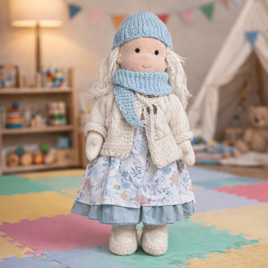 Handmade Waldorf Doll, Cotton & Plush, 28 cm | Minimalist Face for Imaginative Play | Sturdy Plastic Head, Cuddly Body 1