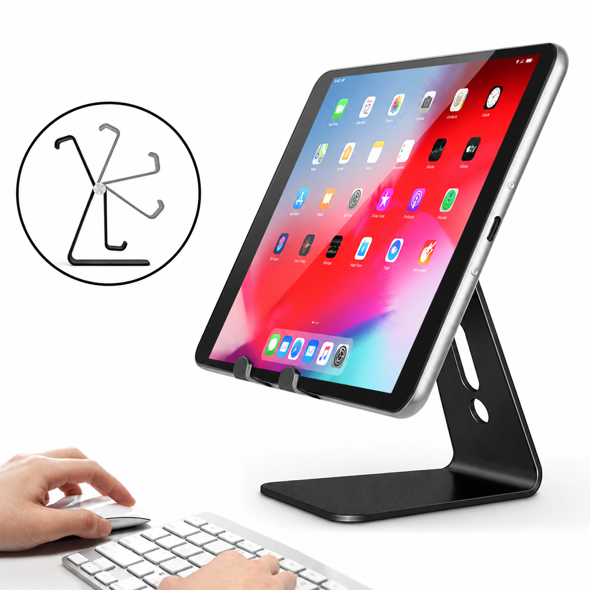 Desk Tablet Stand | Hinged Cradle, Curved Foot Base