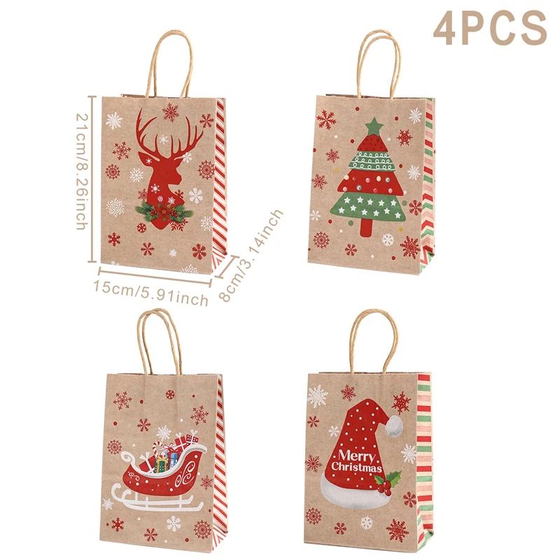 Christmas Kraft Paper Gift Bags with Handles | Set of 4 Festive Holiday Designs | Reusable & Recyclable Kraft Paper