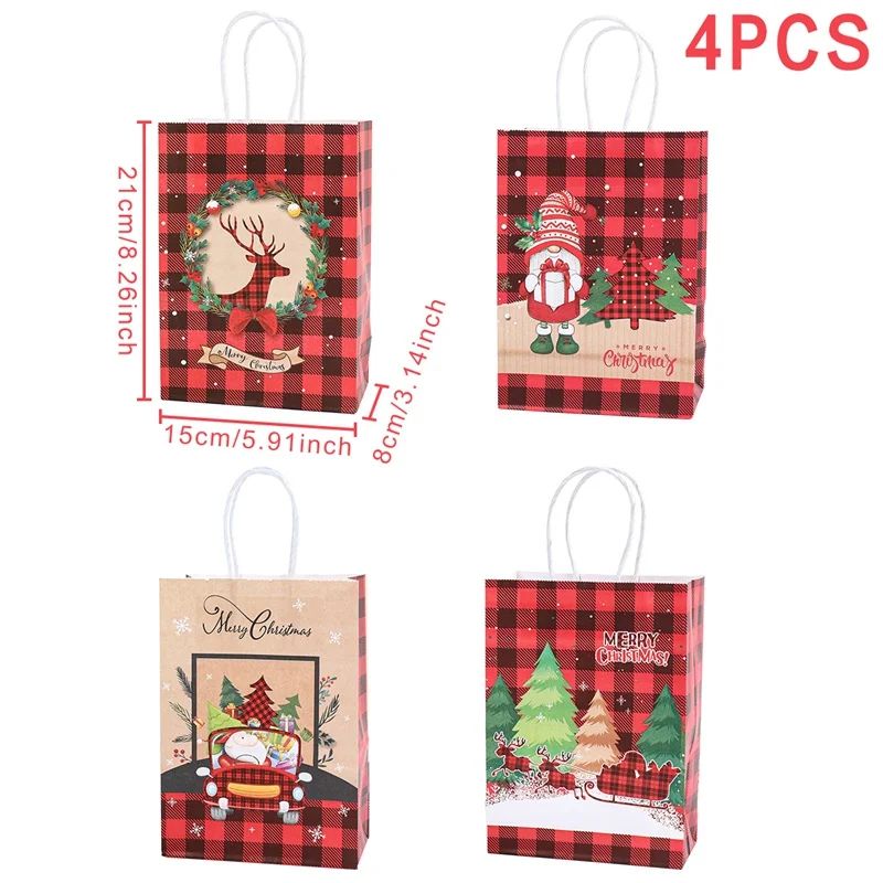Christmas Kraft Paper Gift Bags with Handles | Set of 4 Festive Holiday Designs | Reusable & Recyclable Kraft Paper