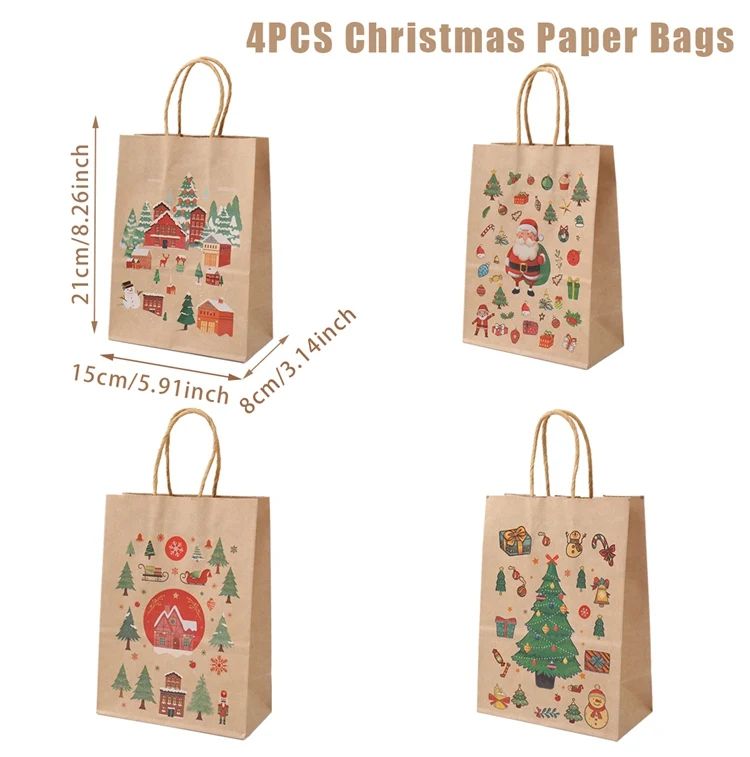 Christmas Kraft Paper Gift Bags with Handles | Set of 4 Festive Holiday Designs | Reusable & Recyclable Kraft Paper