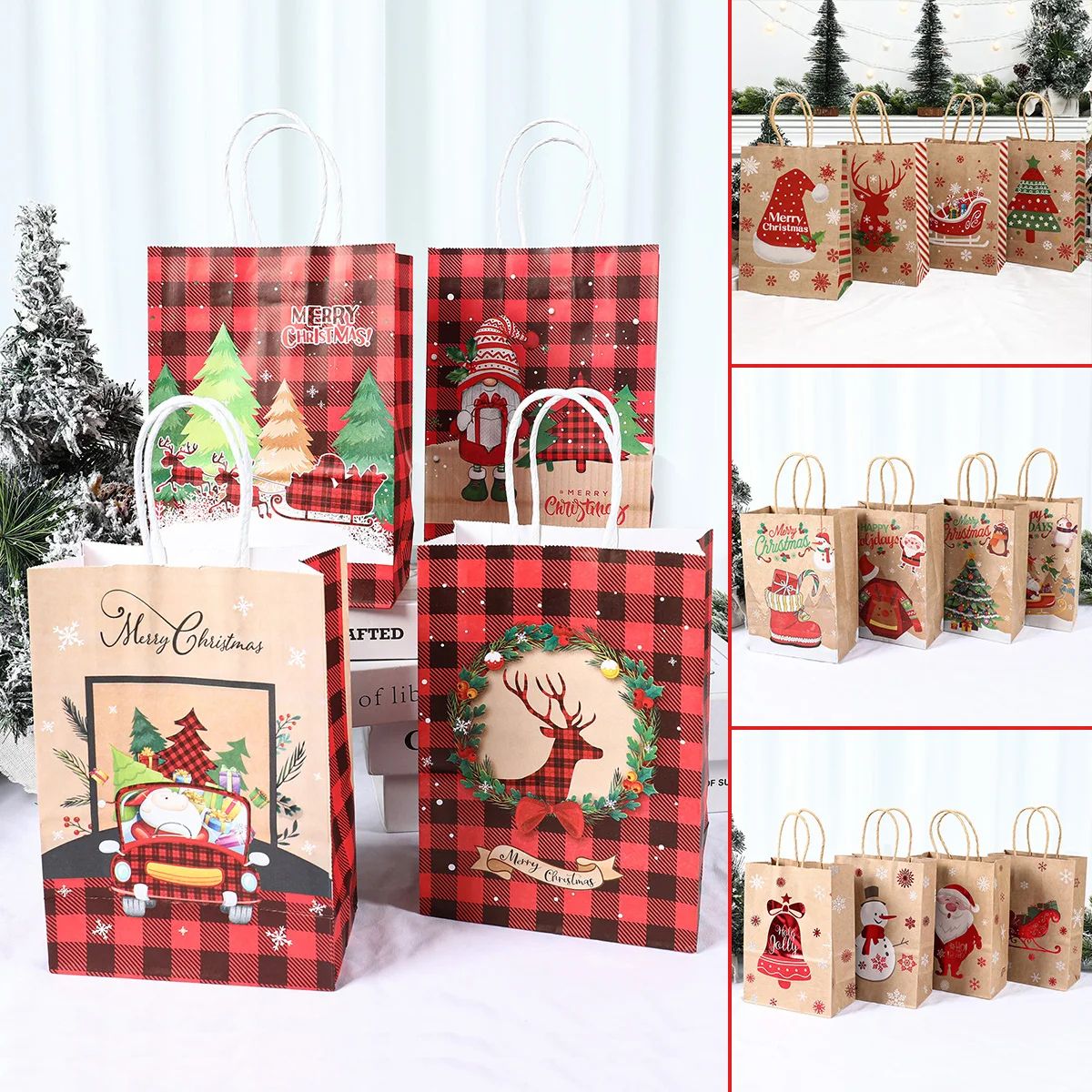 Christmas Kraft Paper Gift Bags with Handles | Set of 4 Festive Holiday Designs | Reusable & Recyclable Kraft Paper