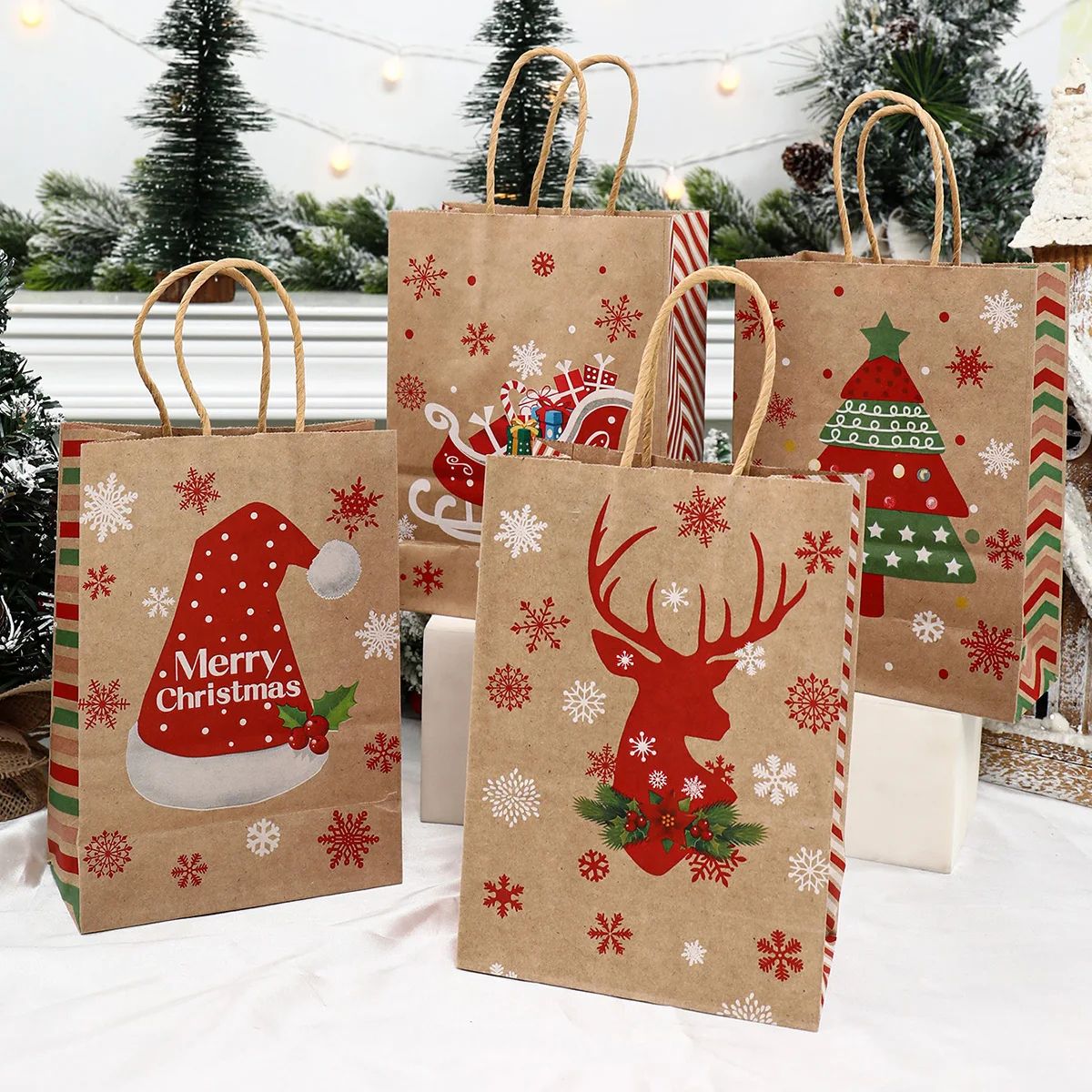 Christmas Kraft Paper Gift Bags with Handles | Set of 4 Festive Holiday Designs | Reusable & Recyclable Kraft Paper