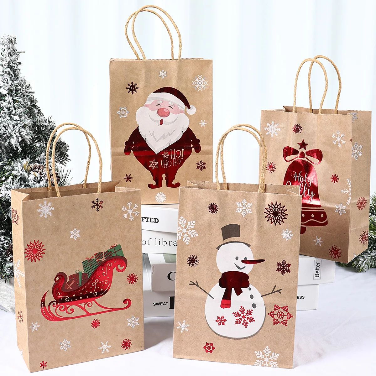 Christmas Kraft Paper Gift Bags with Handles | Set of 4 Festive Holiday Designs | Reusable & Recyclable Kraft Paper