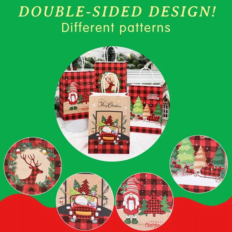 Christmas Kraft Paper Gift Bags with Handles | Set of 4 Festive Holiday Designs | Reusable & Recyclable Kraft Paper