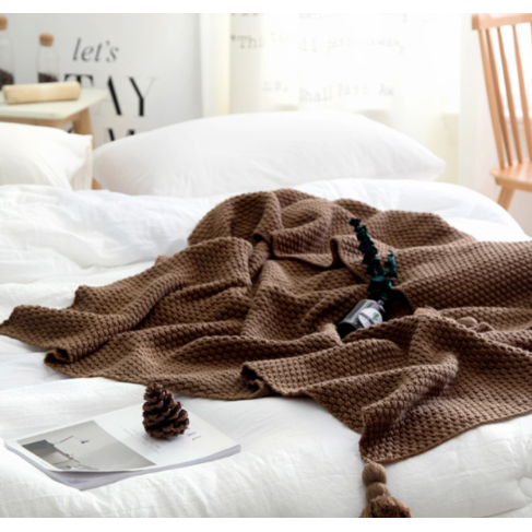 Chunky Knit Throw Blanket | Pom-Pom Tassels, Waffle Weave | Soft, Warm Throw for Sofa & Bed