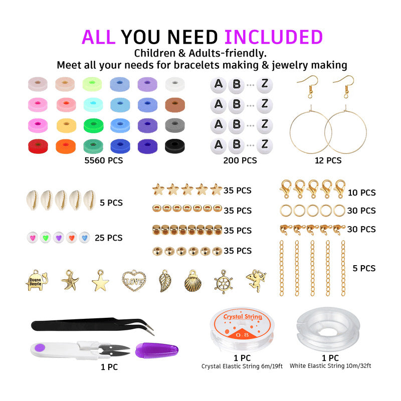 Clay Beads Bracelet Making Kit | 5520 Beads & 550 Charms Set | Polymer Clay Jewellery Craft Kit for Kids & Adults