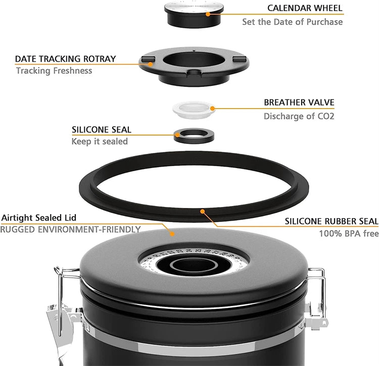 Coffee Container | Lever Clamp Lid, Dial And Front Scoop