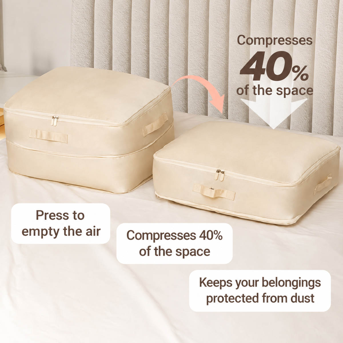 Compression Storage Bags Nylon 52×42×30 cm & 52×42×60 cm | Beige, Gray, Pink | Water-Repellent Space-Saving Storage