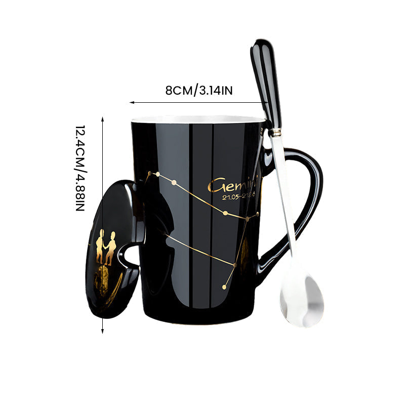 Constellation Ceramic Mug with Lid and Spoon, 420 ml | Black, 12 Zodiac Sign Designs | High-Temperature Resistant