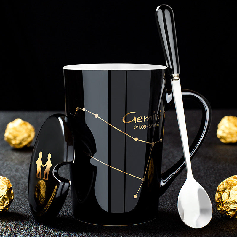 Constellation Ceramic Mug with Lid and Spoon, 420 ml | Black, 12 Zodiac Sign Designs | High-Temperature Resistant