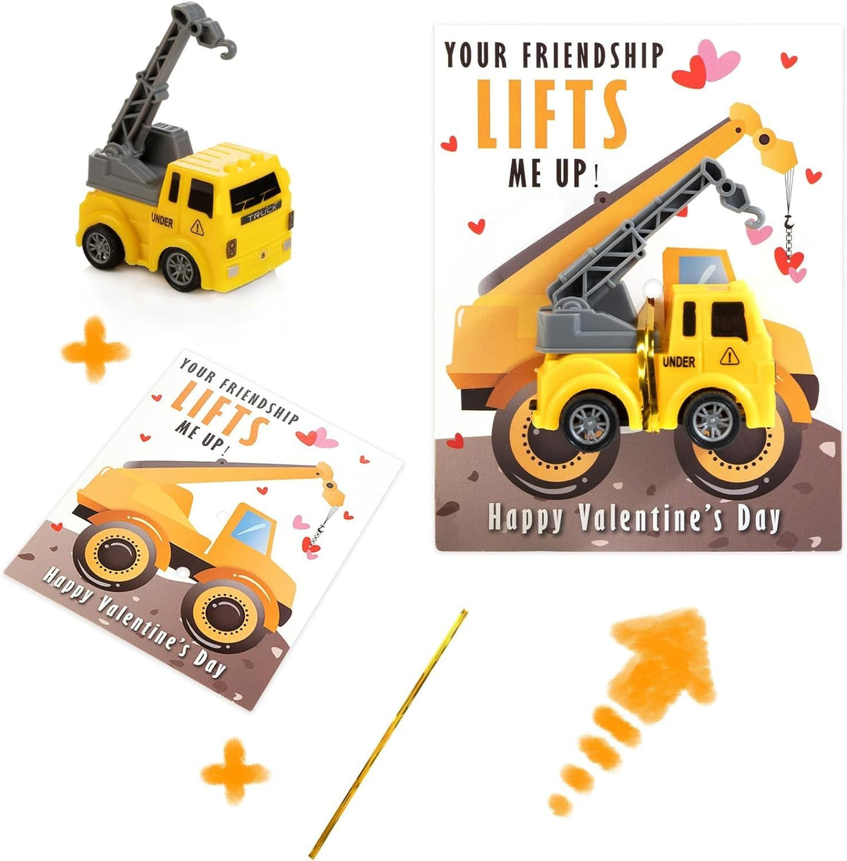 Construction Vehicle Valentine's Day Exchange Cards | 24 Cards & 24 Moving-Part Toy Vehicles | Plastic & Paper