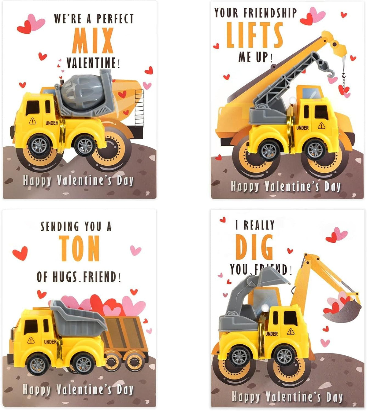 Construction Vehicle Valentine's Day Exchange Cards | 24 Cards & 24 Moving-Part Toy Vehicles | Plastic & Paper