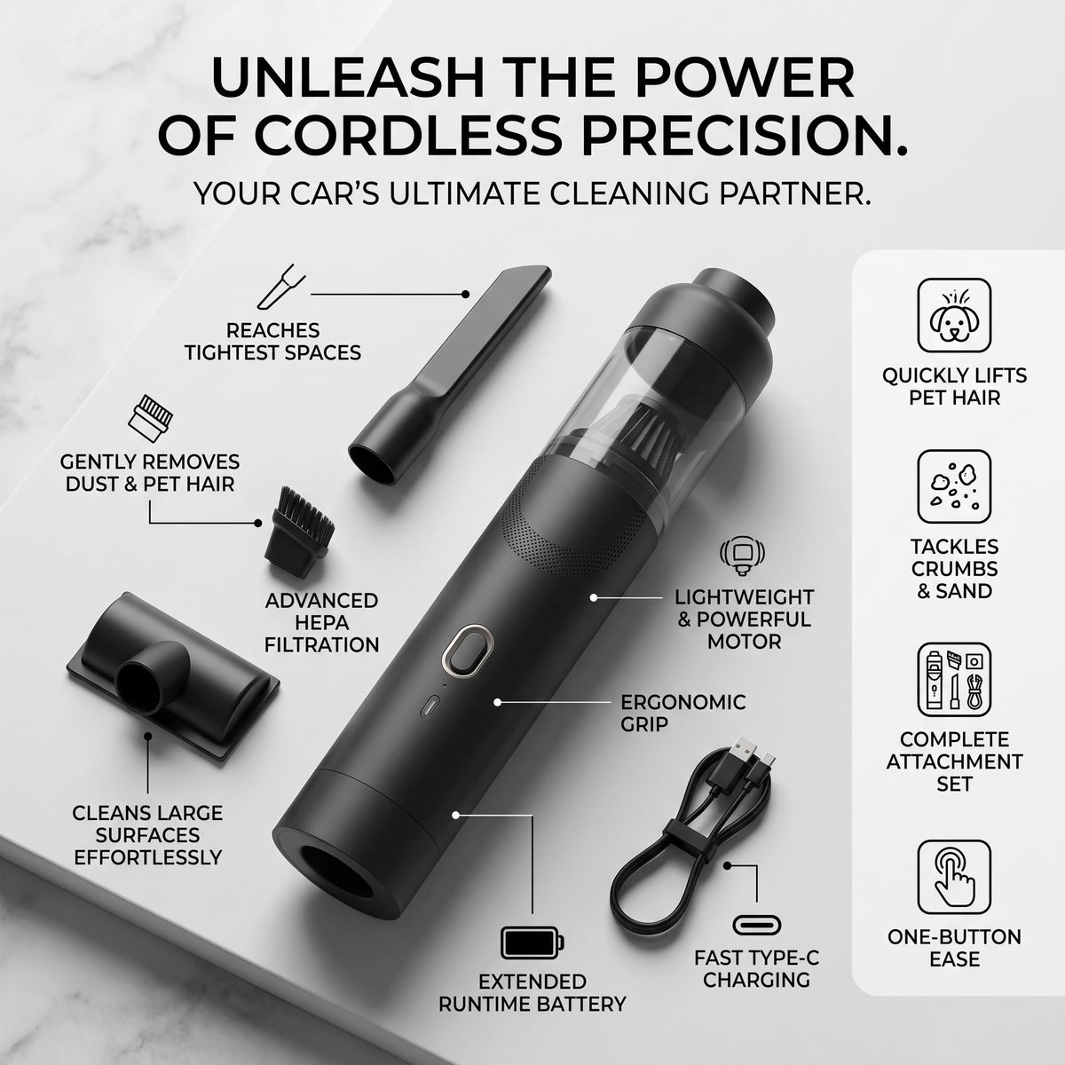 Cordless Car Vacuum Cleaner | High-Power Motor with Type-C Fast Charging | Removes Pet Hair, Crumbs & Sand Fast