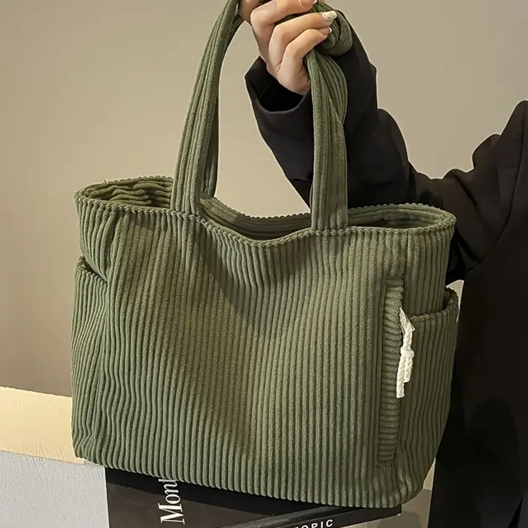 Corduroy Tote Bag with Ribbed Texture - Spacious Design for Everyday Use