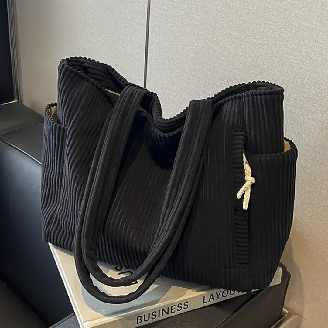 Corduroy Tote Bag with Ribbed Texture - Spacious Design for Everyday Use