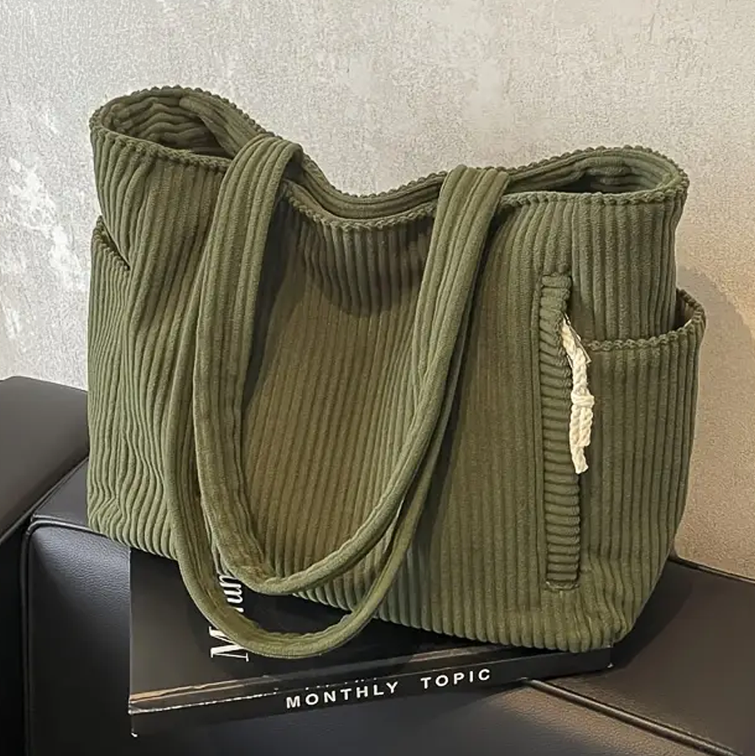 Corduroy Tote Bag with Ribbed Texture - Spacious Design for Everyday Use