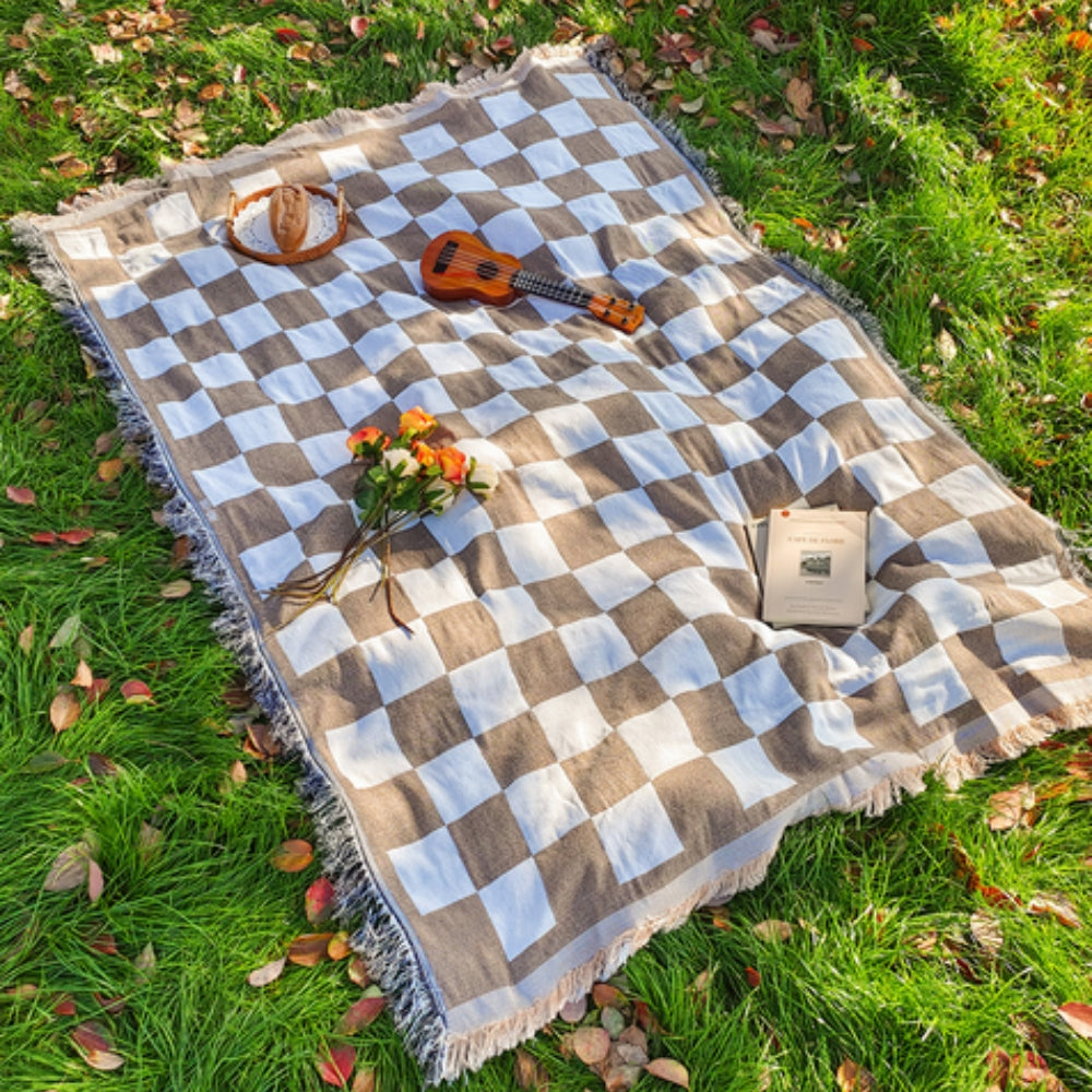 CozyHome | Large Checkered Picnic Blanket – Soft Microfiber with Fringe