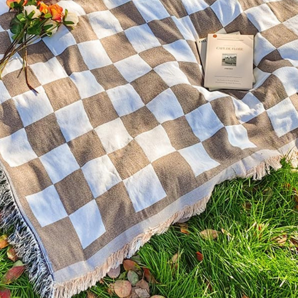 CozyHome | Large Checkered Picnic Blanket – Soft Microfiber with Fringe