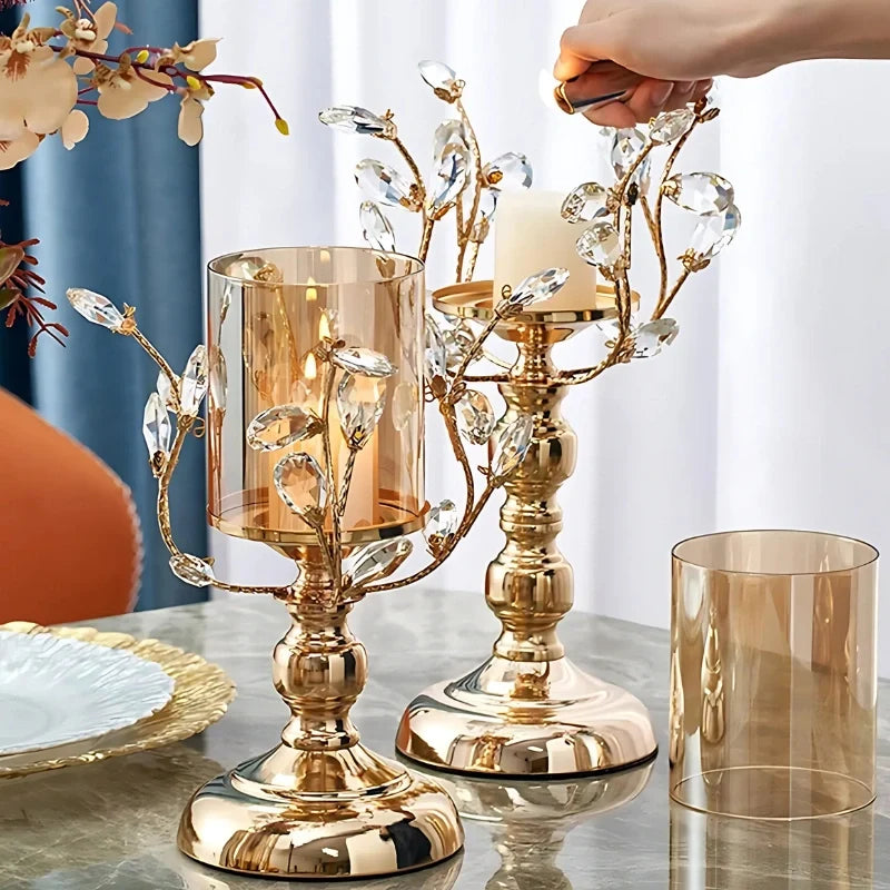 Crystal Glass Candle Holder, Iron Base | Petal-Shaped Faceted Design | Reflects Candlelight for Sculptural Table Decor
