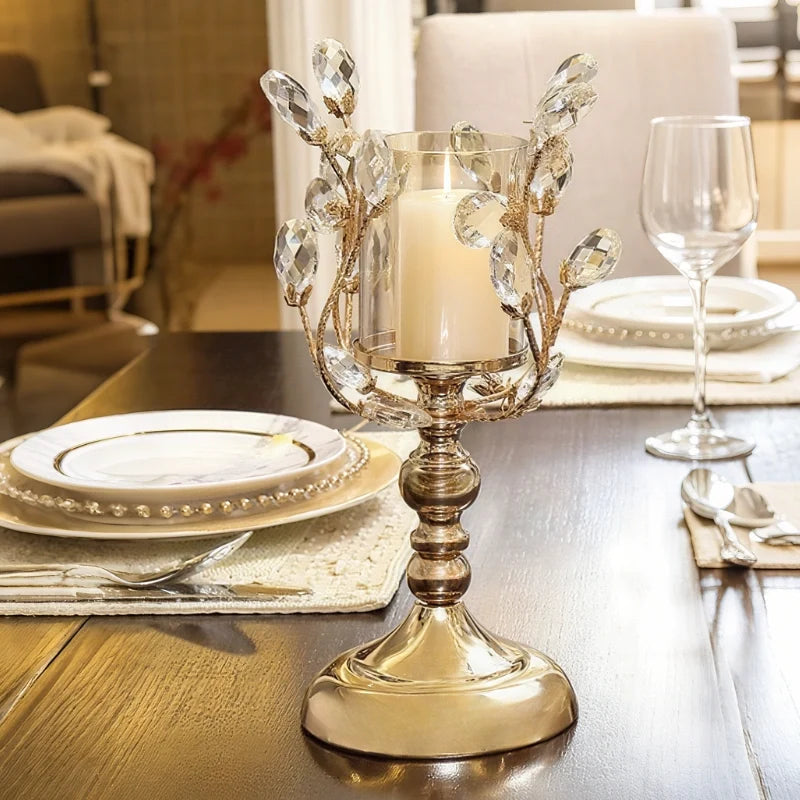 Crystal Glass Candle Holder, Iron Base | Petal-Shaped Faceted Design | Reflects Candlelight for Sculptural Table Decor